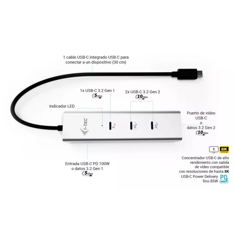 i-tec Metal USB-C nabíjací HUB 5-portový s USB-C Video 8K + Power Delivery 85W