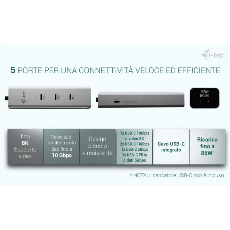 i-tec Metal USB-C nabíjací HUB 5-portový s USB-C Video 8K + Power Delivery 85W