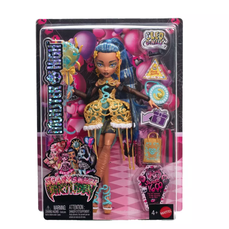 Monster High Scary Sweet Birthday Cleo De Nile bábika v párty šatách s balónom a darčekom