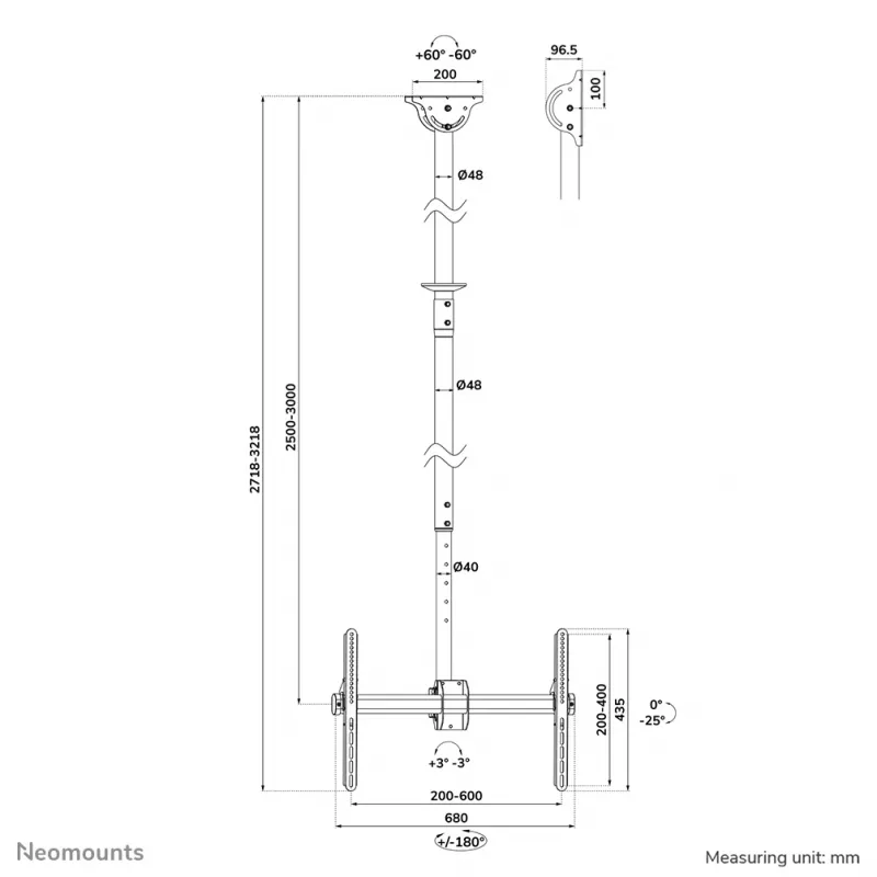 Stropný držiak Neomounts CL35-440BL16XL max 50 kg 37-70 palcov