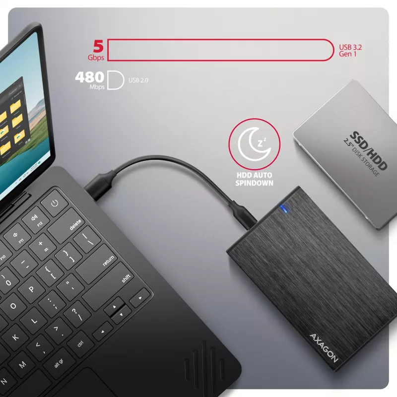 Axagon EE25-XA6C Kompaktné hliníkové USB-C 5 Gbit/s – SATA 6G externé puzdro pre 2,5