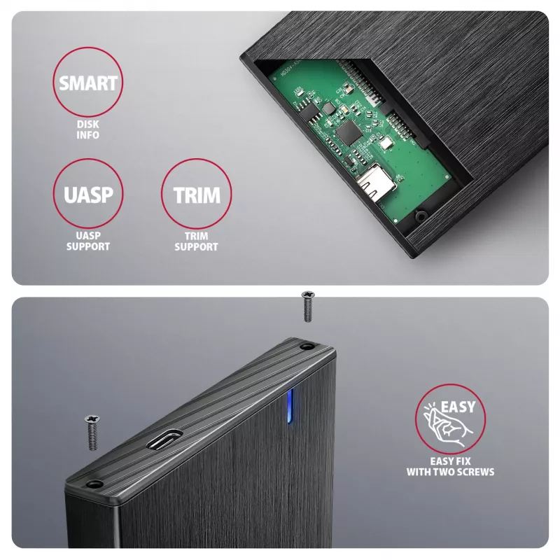 Axagon EE25-XA6C Kompaktné hliníkové USB-C 5 Gbit/s – SATA 6G externé puzdro pre 2,5