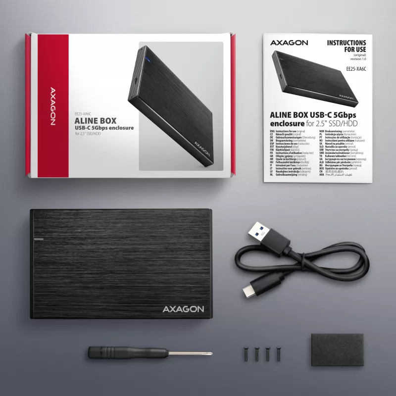 Axagon EE25-XA6C Kompaktné hliníkové USB-C 5 Gbit/s – SATA 6G externé puzdro pre 2,5