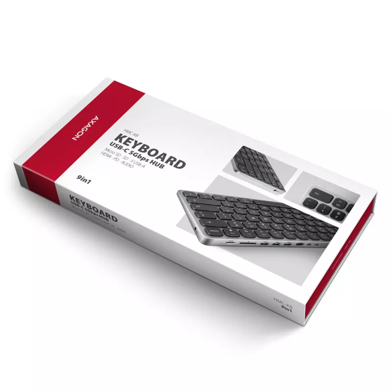 Axagon HMC-KB-NRD, USB 5Gbps hub s klávesnicou, HDMI 4K/60Hz, 3x USB-A, SD/mSD, Audio, PD100, severské rozloženie