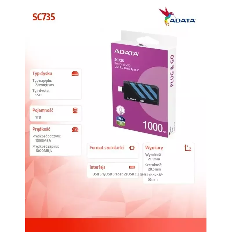 Externé SSD ADATA 1 TB 2,5 inch USB 3.2 SC735