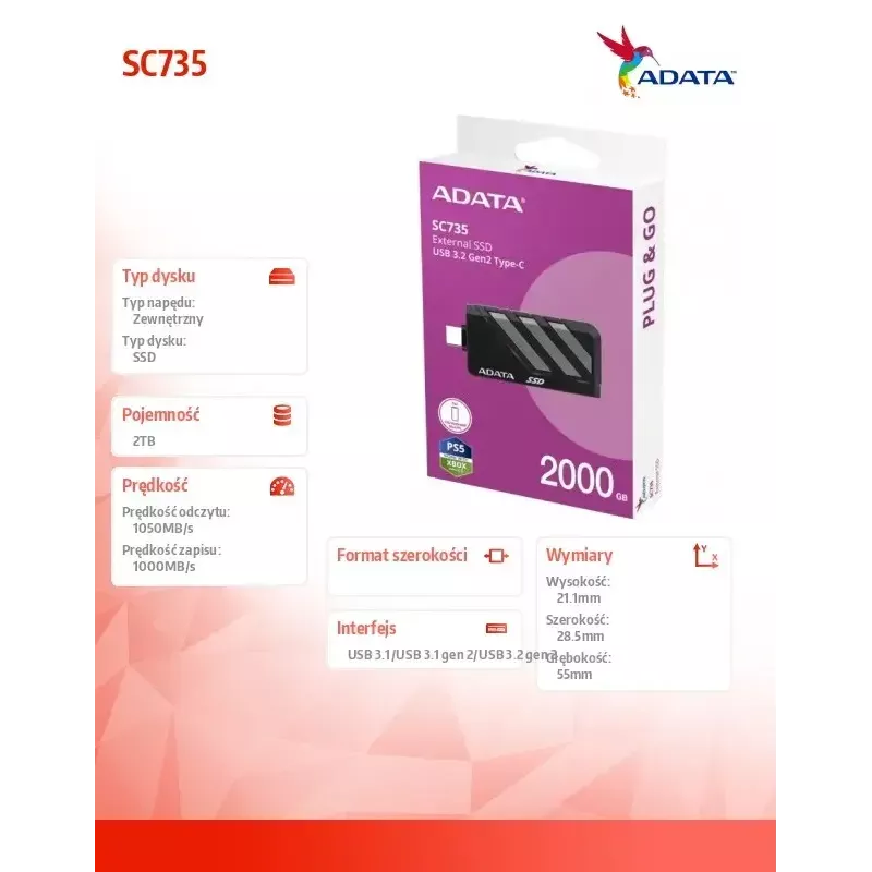SSD disk ADATA 2 TB externý SC735 U3.2C sivý