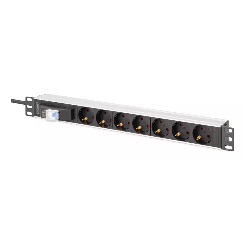 DIGITUS DN-95439 hliníkový 19-palcový 1U PDU do racku, 7x zásuvka Schuko, istič, 16 A, 4000 W, 230 V, 50/60 Hz, kábel 1,8 m