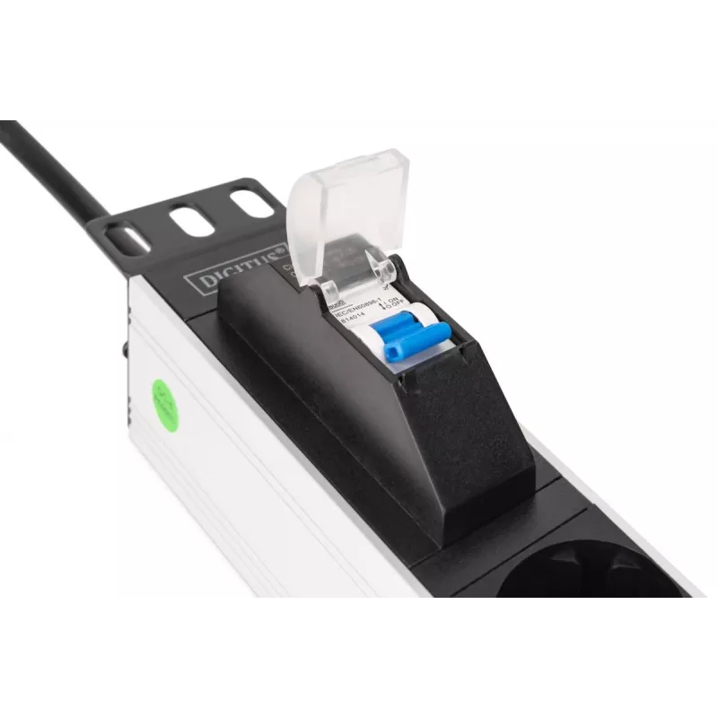 DIGITUS DN-95439 hliníkový 19-palcový 1U PDU do racku, 7x zásuvka Schuko, istič, 16 A, 4000 W, 230 V, 50/60 Hz, kábel 1,8 m