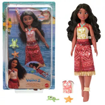 Disney Vaiana 2 hračka, plávajúca módna bábika Tautai Vaiana s 2 doplnkami a vrchnou časťou meniacou farbu