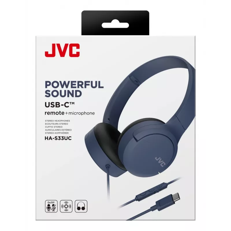 Drôtové slúchadlá na uši JVC HA-S33UC-AU USB-C s mikrofónom a ovládačom, kábel 1,2 m, modré