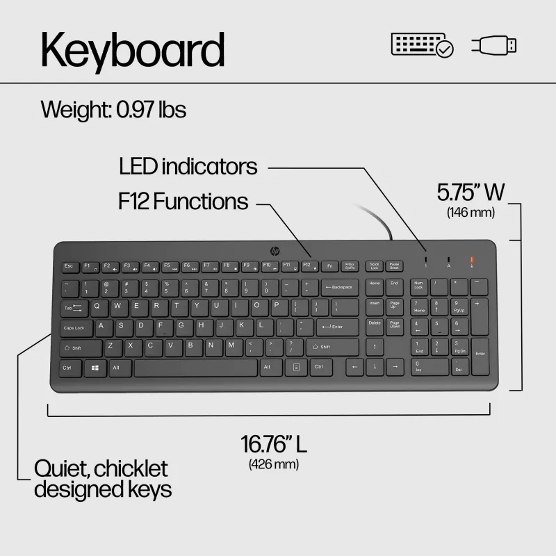 HP 150 káblová klávesnica, Full-Size (100 %), káblová, USB, mechanická, QWERTY, čierna