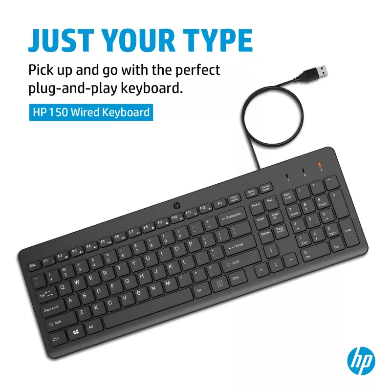 HP 150 káblová klávesnica, Full-Size (100 %), káblová, USB, mechanická, QWERTY, čierna