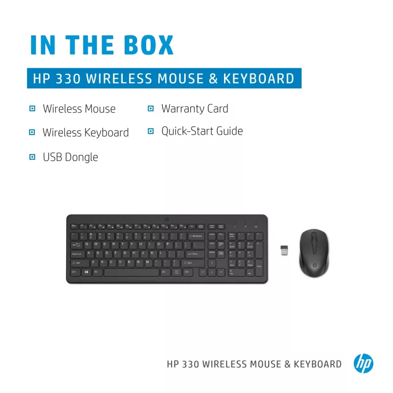 HP 330 bezdrôtová myš a klávesnica, Full-Size (100 %), bezdrôtová, RF Wireless, QWERTY, čierna, myš súčasťou