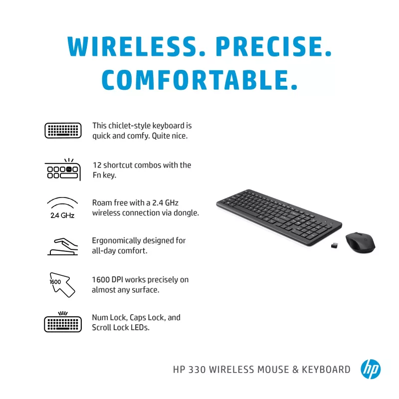 HP 330 bezdrôtová myš a klávesnica, Full-Size (100 %), bezdrôtová, RF Wireless, QWERTY, čierna, myš súčasťou