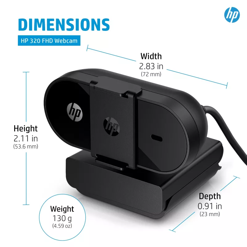 HP 320 FHD webkamera, 1920 x 1080 pixelov, Full HD, 30 fps, domácnosť, USB, čierna