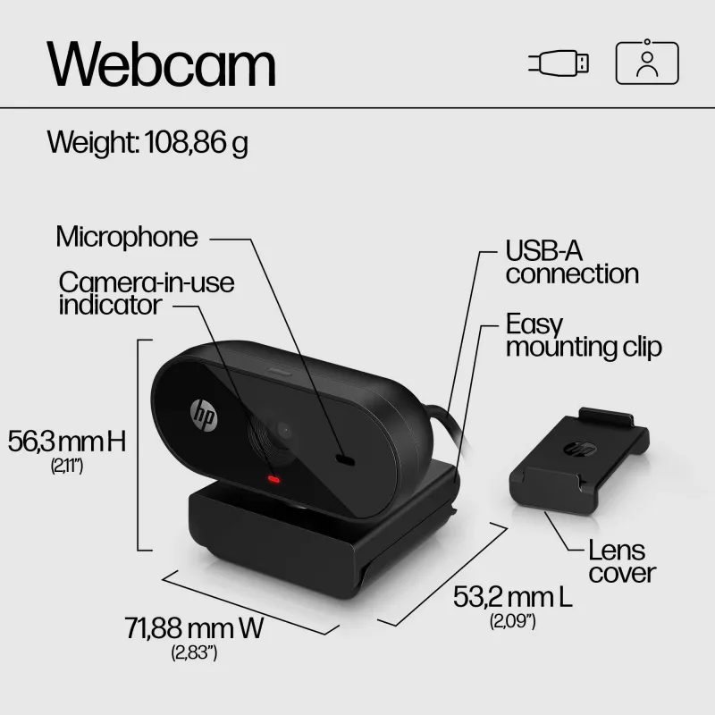 HP 320 FHD webkamera, 1920 x 1080 pixelov, Full HD, 30 fps, domácnosť, USB, čierna