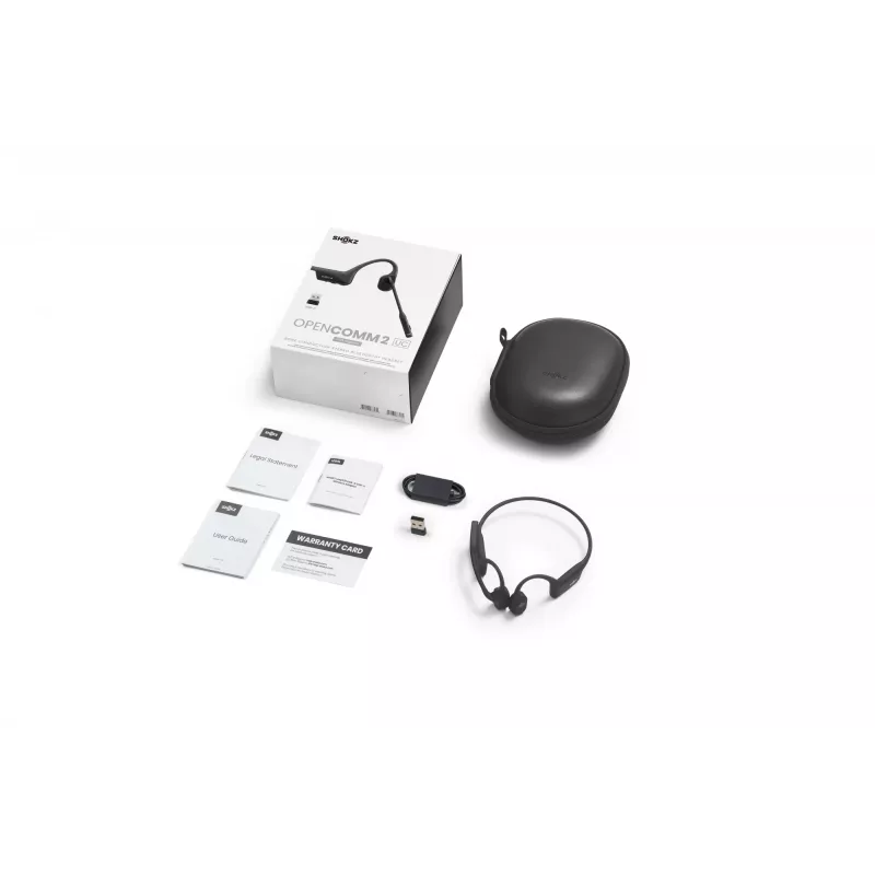 Headset Shokz OpenComm2 UC 2025 — bezdrôtový headset s kostným vedením, 16 h hovoru, USB Type-A/Type-C, ANC, dosah 29 m, čierny