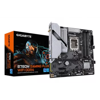 Základná doska GIGABYTE B760M GAMING PLUS WIFI DDR4 – Podporuje Intel Core CPU 14. generácie, 4+1+1 fáz VRM, až do 5333 MHz DDR4 (OC), 2x PCIe 4.0 M.2, Wi-Fi 6, 1 GbE LAN, USB 3.2 Gen 1
