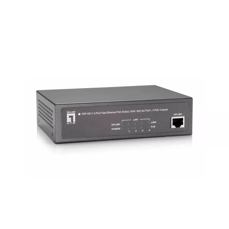 LevelOne 5-portový Fast Ethernet PoE switch, 802.3at/af PoE, 4 PoE výstupy, 65W