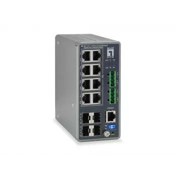 LevelOne TURING 12-port L3 Lite Managed Gigabit priemyselný switch, 8 PoE výstupy, 240 W, 802.3at/af PoE, 4 x SFP, -40 °C až 75 °C