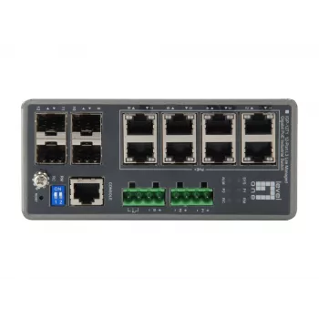 LevelOne TURING 12-port L3 Lite Managed Gigabit priemyselný switch, 8 PoE výstupy, 240 W, 802.3at/af PoE, 4 x SFP, -40 °C až 75 °C