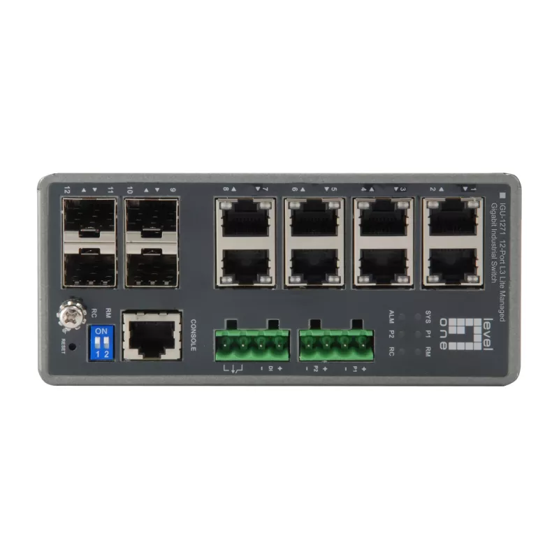 LevelOne IGU-1271 TURING priemyselný spravovaný switch L3 Lite Gigabit, 12 portov (8 x RJ45, 4 x SFP), DIN lišta, DC