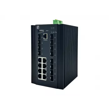 LevelOne 20-portový L2 Plus spravovaný priemyselný switch, 8 x 1GbE RJ45, 8 x 1GbE SFP, 4 x 1/2,5GbE SFP, DIN lišta, -40 °C až 80 °C