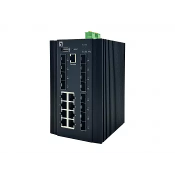 LevelOne 20-portový L2 Plus Managed průmyslový switch, 8 x 1GbE RJ45, 8 x 1GbE SFP, 4 x 1/2,5/10GbE SFP+, DIN-lišta, -40 °C až 80 °C