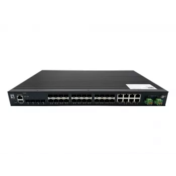 LevelOne 28-portový L2 Plus Managed Gigabit Fiber průmyslový switch, 4x 1,25/2,5GbE SFP, 16x 1,25GbE SFP, 8x Gigabit SFP/RJ45 Combo, redundantné napájanie, -40 °C až 80 °C