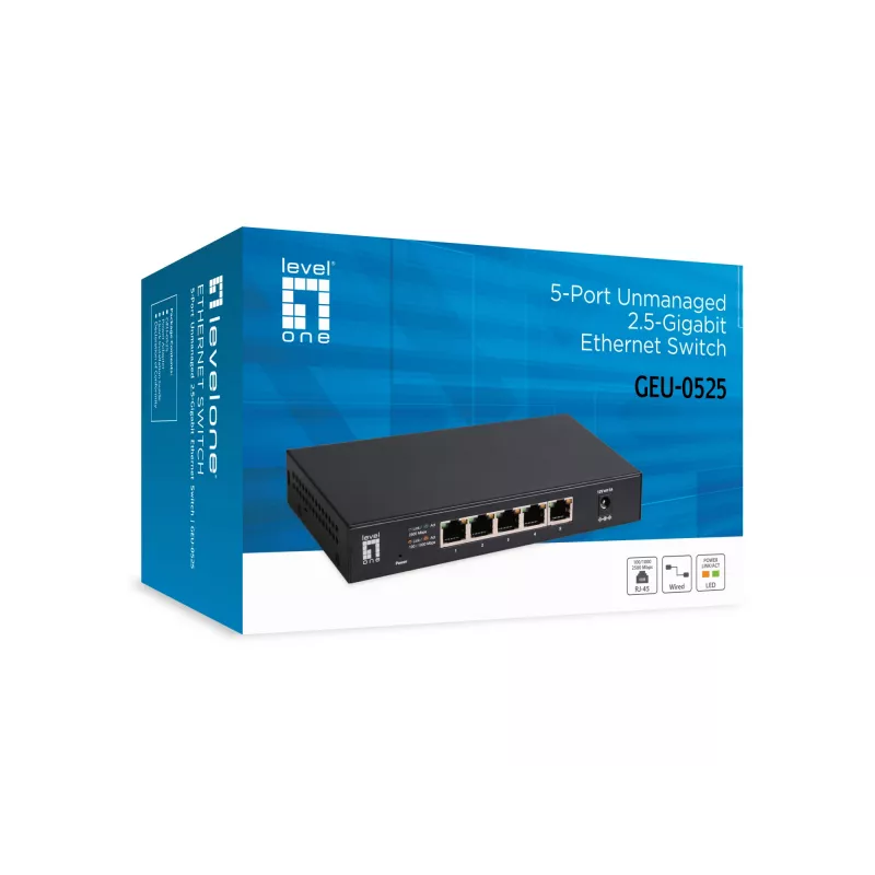 5-portový unmanaged 2.5G Ethernet switch LEVELONE GEU-0525 — 5× 2.5G RJ-45, unmanaged, 25 Gbit/s switching, nástenná montáž