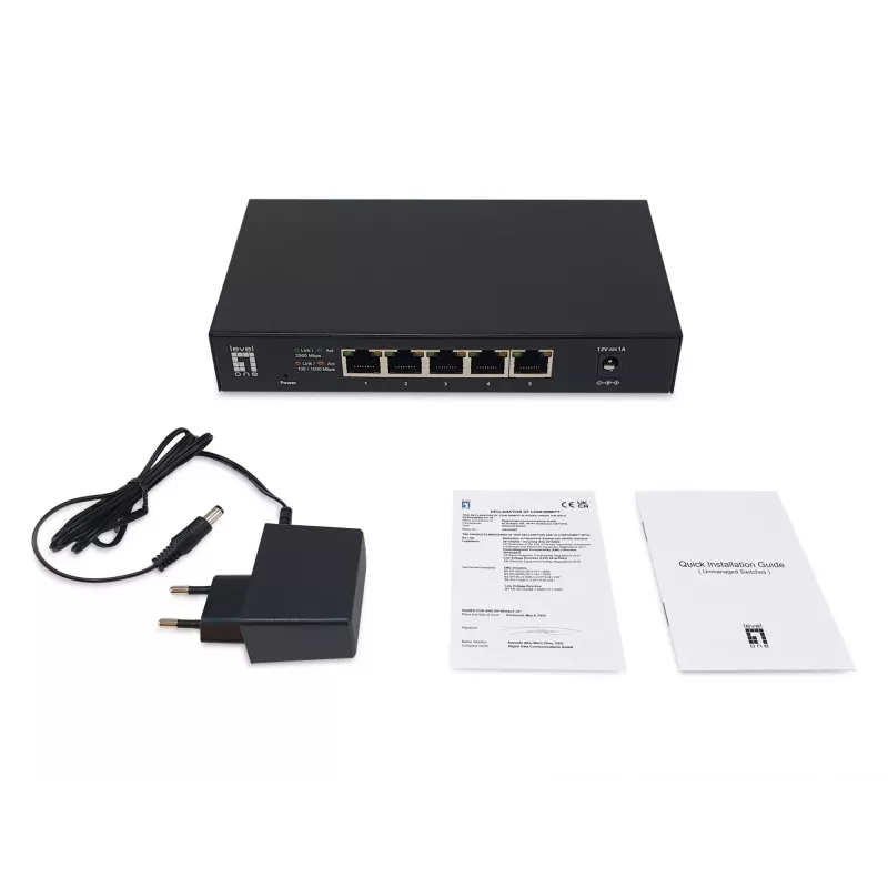 5-portový unmanaged 2.5G Ethernet switch LEVELONE GEU-0525 — 5× 2.5G RJ-45, unmanaged, 25 Gbit/s switching, nástenná montáž