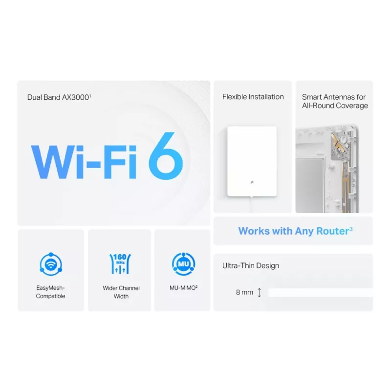 TP-Link Archer AX3000 Dual-Band Wi-Fi 6 Air Range Extender, sieťový opakovač, 2976 Mbit/s, biela, nástenný, FCC, RoHS, 12 V