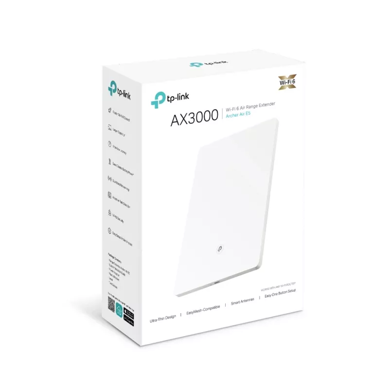 TP-Link Archer AX3000 Dual-Band Wi-Fi 6 Air Range Extender, sieťový opakovač, 2976 Mbit/s, biela, nástenný, FCC, RoHS, 12 V