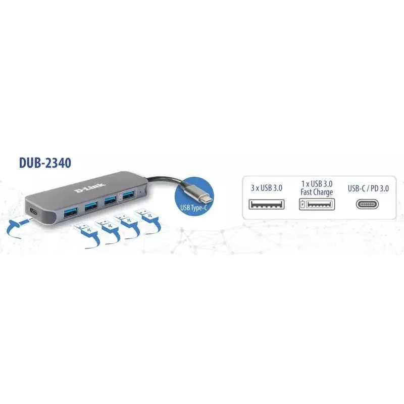 USB hub D-Link DUB-2340 USB-C 4-portový USB 3.0 Power Delivery 60W