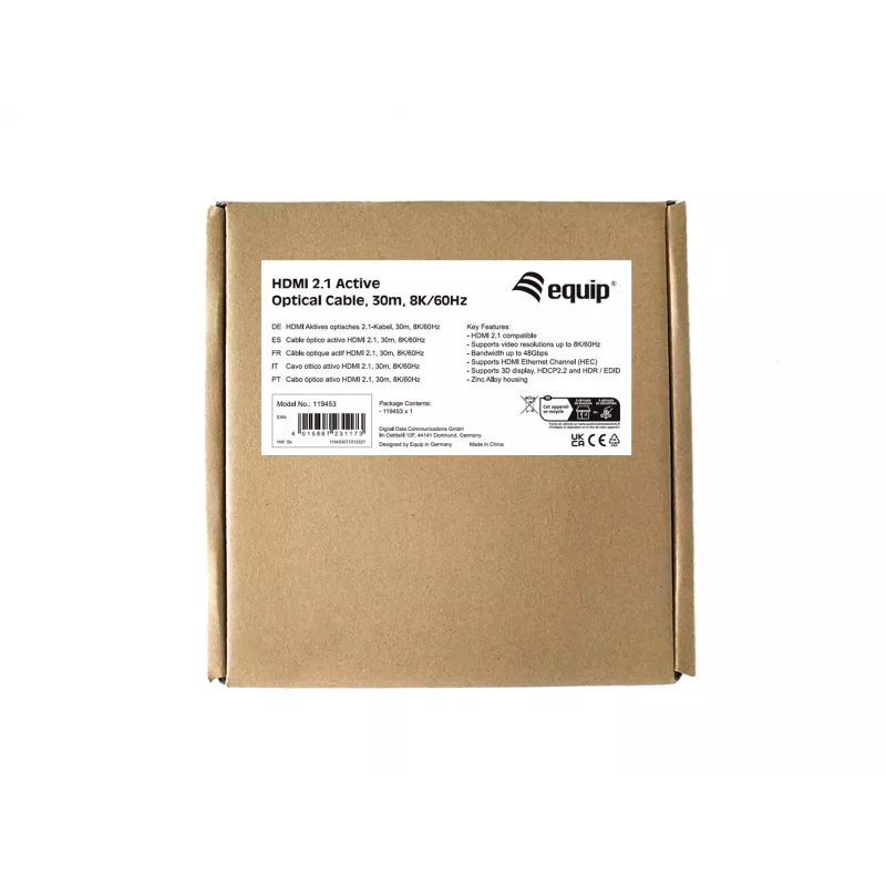 Equip HDMI 2.1 aktívny optický kábel, 30 m, 8K/60 Hz, 30 m, HDMI Type-A (štandard), HDMI Type-A (štandard), 3D, Audio Return Channel (ARC), čierny