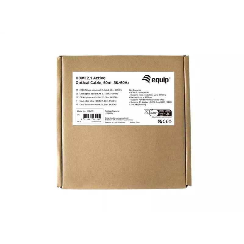 Equip HDMI 2.1 aktívny optický kábel, 50 m, 8K/60 Hz, 50 m, HDMI Type-A (štandard), HDMI Type-A (štandard), 3D, Audio Return Channel (ARC), čierny