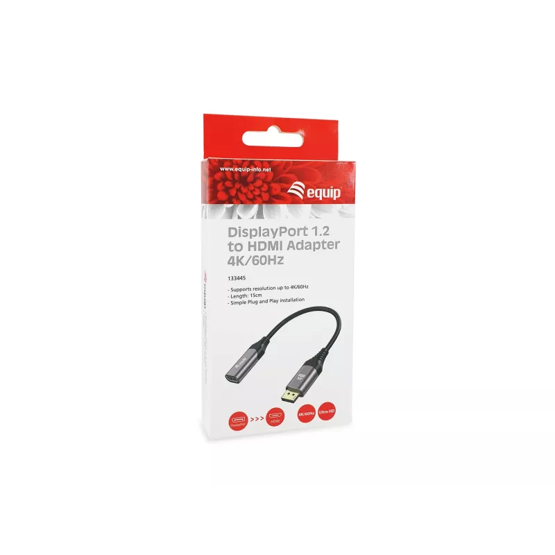 Equip DisplayPort 1.2 na HDMI adaptér, 4K/60 Hz, 0,15 m, DisplayPort, HDMI, konektor samec, konektor samica, rovný