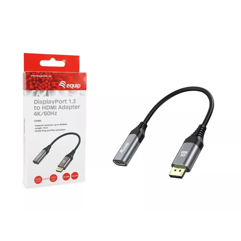 Equip DisplayPort 1.2 na HDMI adaptér, 4K/60 Hz, 0,15 m, DisplayPort, HDMI, konektor samec, konektor samica, rovný