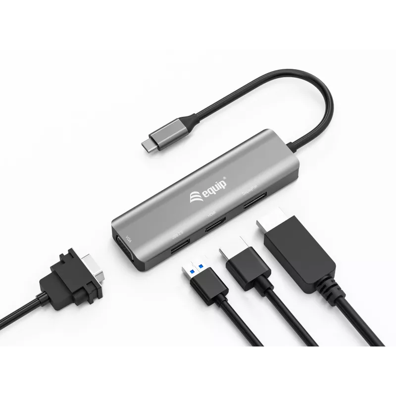 Equip USB-C na HDMI/DisplayPort/VGA/USB adaptér, USB Type-C, HDMI výstup, DisplayPort výstup, VGA (D-Sub) výstup, 3840 x 2160 pixelov