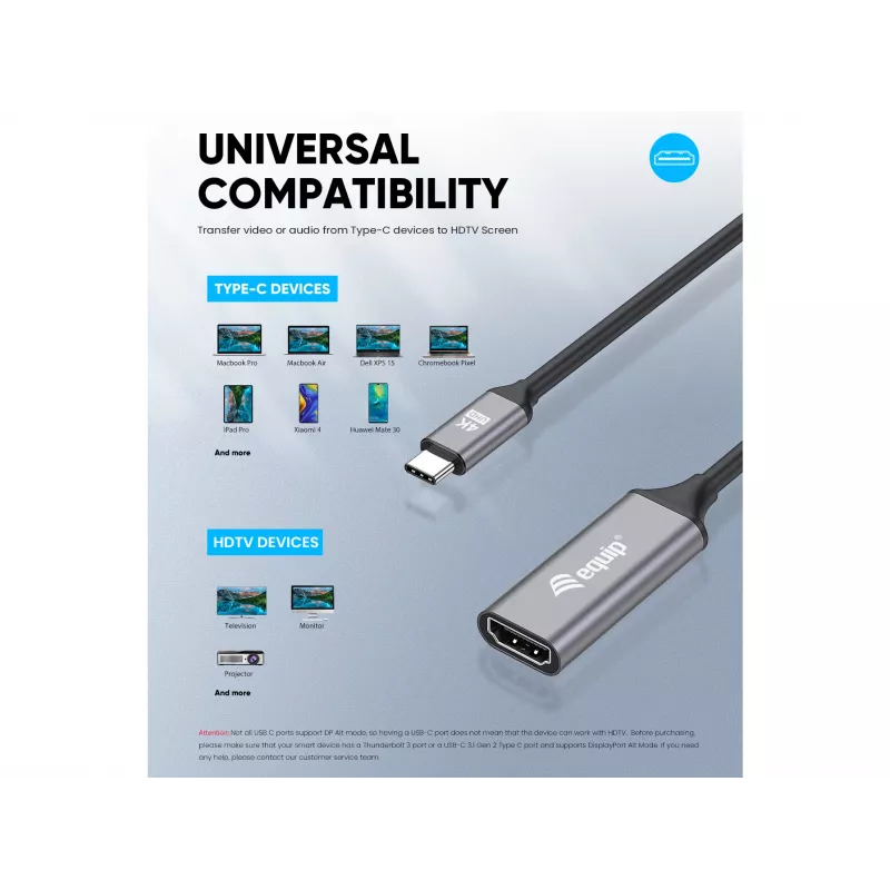 Equip USB-C na HDMI 2.0 adaptér, 4K/60Hz, 0,15 m, USB Type-C, HDMI, konektor samec, konektor samica, rovný