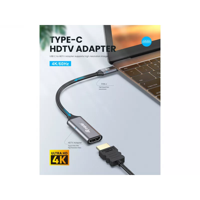 Equip USB-C na HDMI 2.0 adaptér, 4K/60Hz, 0,15 m, USB Type-C, HDMI, konektor samec, konektor samica, rovný
