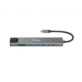 Equip USB-C 8-in-1 multifunkčný adaptér, káblový, USB Type-C, 100 W, 1000 Mbit/s, 1000BASE-T, IEEE 802.3ab