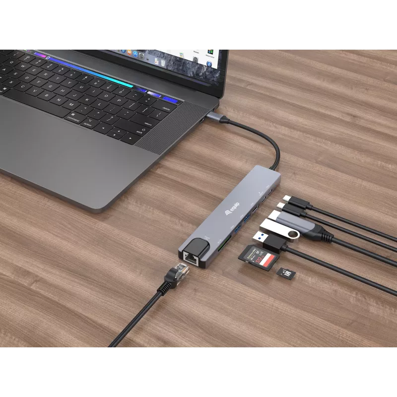 Equip USB-C 8-in-1 multifunkčný adaptér, káblový, USB Type-C, 100 W, 1000 Mbit/s, 1000BASE-T, IEEE 802.3ab