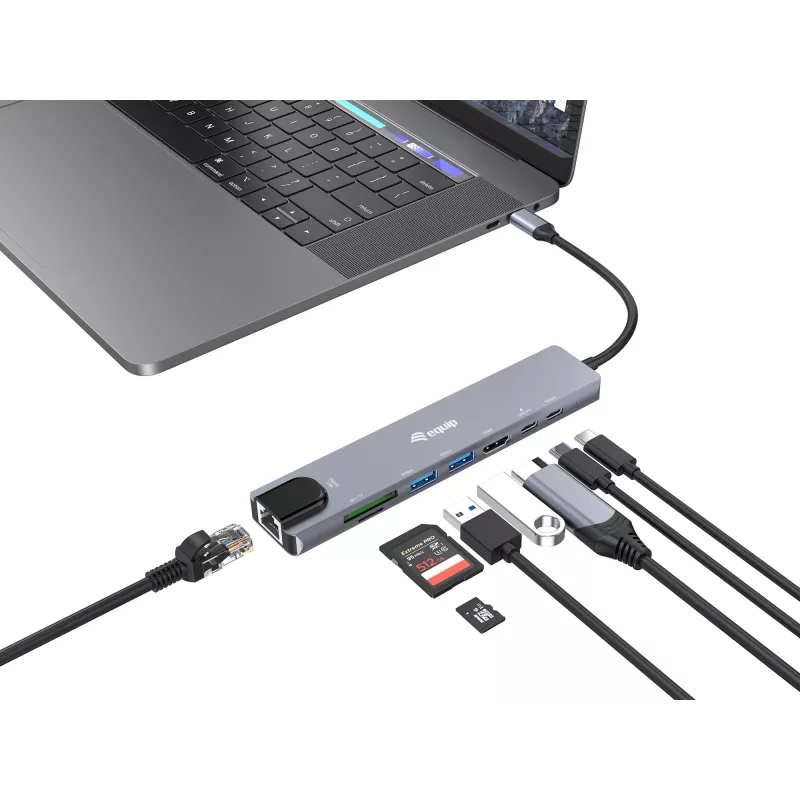 Equip USB-C 8-in-1 multifunkčný adaptér, káblový, USB Type-C, 100 W, 1000 Mbit/s, 1000BASE-T, IEEE 802.3ab