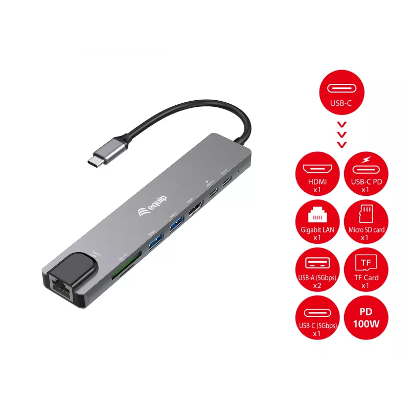Equip USB-C 8-in-1 multifunkčný adaptér, káblový, USB Type-C, 100 W, 1000 Mbit/s, 1000BASE-T, IEEE 802.3ab