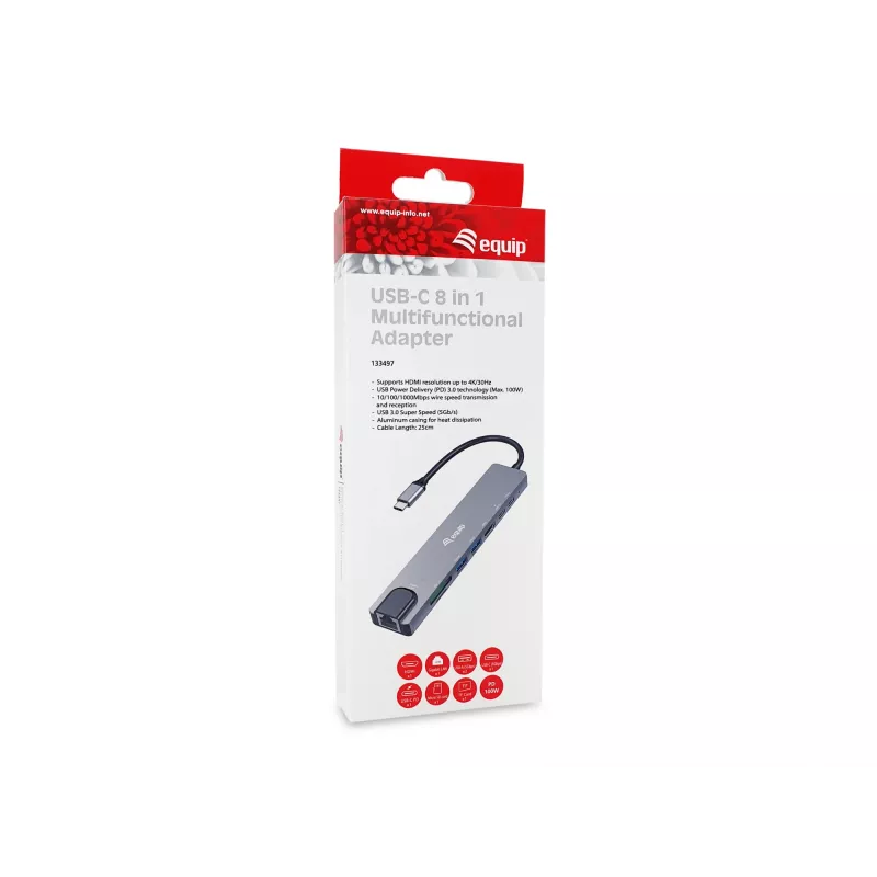 Equip USB-C 8-in-1 multifunkčný adaptér, káblový, USB Type-C, 100 W, 1000 Mbit/s, 1000BASE-T, IEEE 802.3ab
