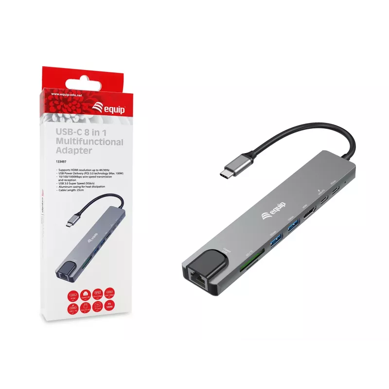 Equip USB-C 8-in-1 multifunkčný adaptér, káblový, USB Type-C, 100 W, 1000 Mbit/s, 1000BASE-T, IEEE 802.3ab