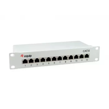 Equip 12-portový tienený patch panel Cat.6, svetlosivý, Gigabit Ethernet, 1000 Mbit/s, RJ-45, Cat6, Cat6e, 1U, sivý