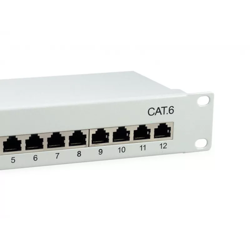 Equip 12-portový tienený patch panel Cat.6, svetlosivý, Gigabit Ethernet, 1000 Mbit/s, RJ-45, Cat6, Cat6e, 1U, sivý