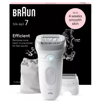 Epilátor BRAUN Silk-épil 7 7-041 — bezdrôtový mokrý & suchý epilátor s MicroGrip, masáž, holiaci strojček a bikini zastrihávač, sivá/biela
